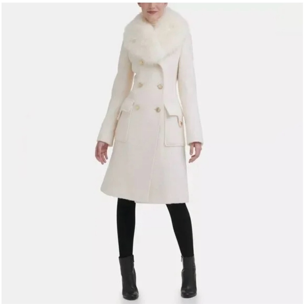 Faux fur Cream Double-Breasted Women's Coat